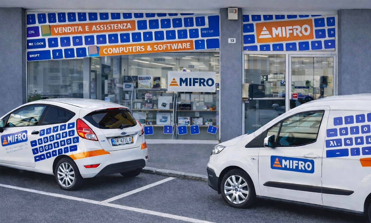 Sede Mifro con i mezzi aziendali davanti al negozio
