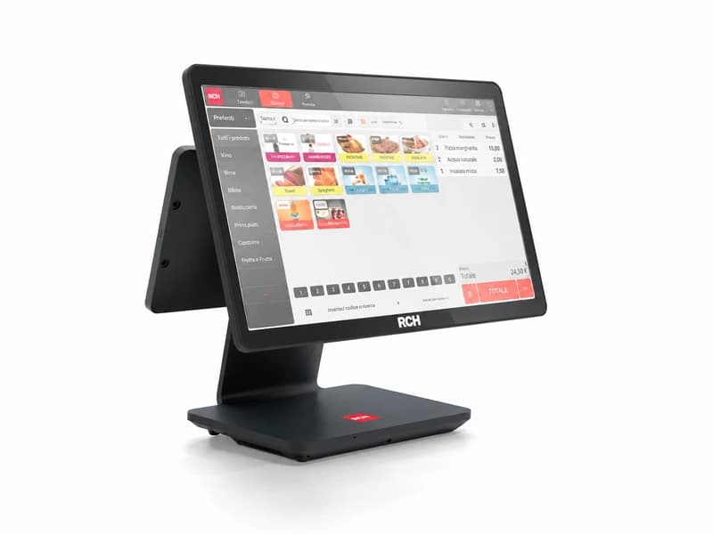 Sistema POS touch screen RCH, vista frontale con schermo operatore