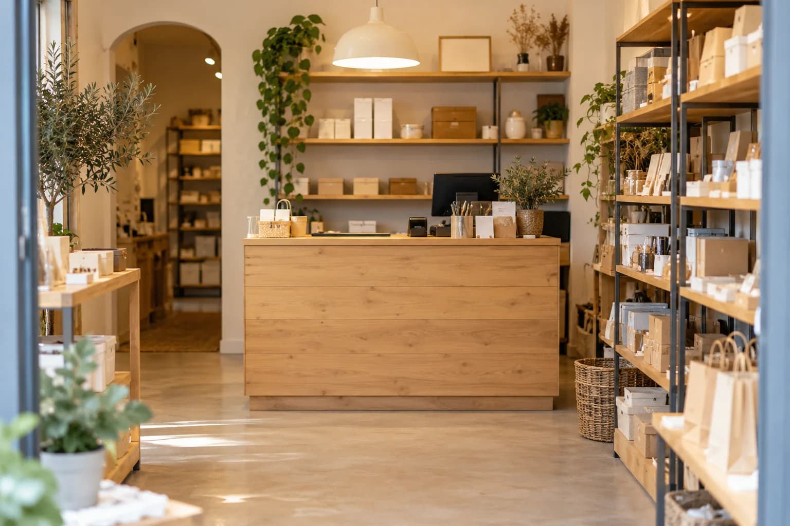 Interno di un negozio con banco in legno e scaffali espositivi