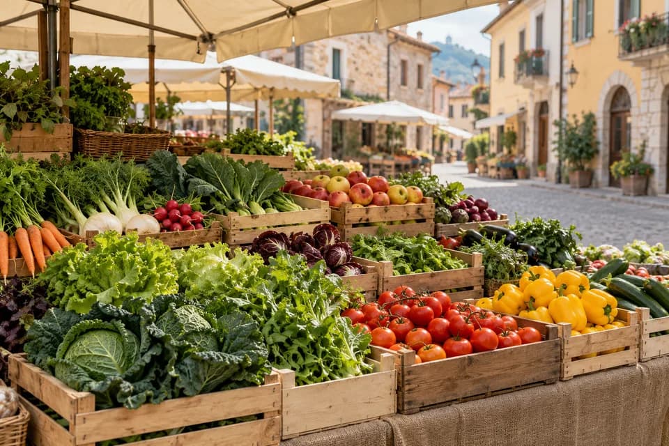 Banco di frutta e verdura sotto il tendone di un mercato all’aperto