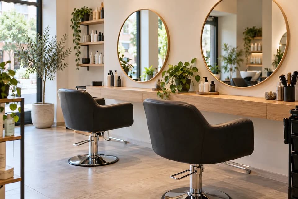Salone di parrucchieri con poltrone, specchi e postazioni di lavoro